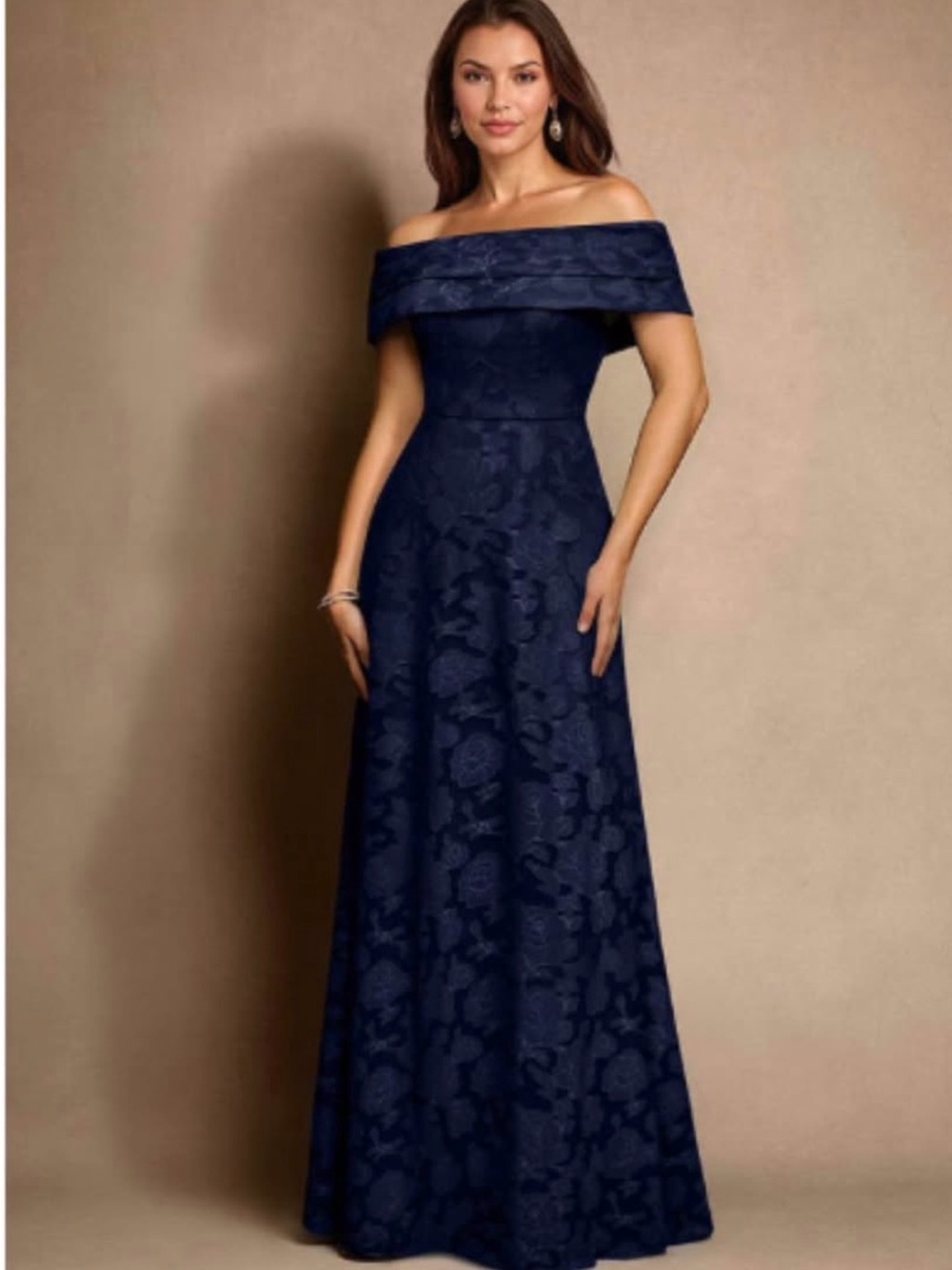 Off-the-Shoulder Navy Floral Jacquard Evening Gown NEW! never Worn! Open2 offers